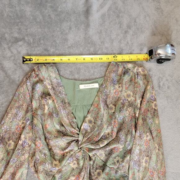 Green Puff Sleeve Blouse Small Button Front Ruched Soft Girl - Picture 10 of 10